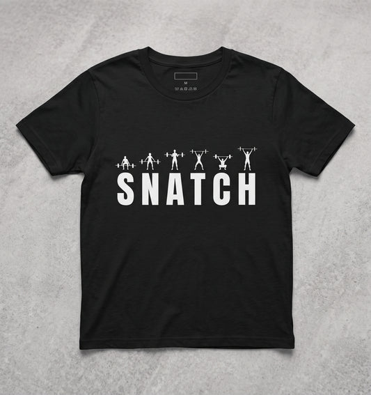 A black short-sleeve crewneck t-shirt with a white graphic print on the front. The graphic features the word 'SNATCH' in bold white letters, with stylized silhouettes of weightlifters and barbells above it.