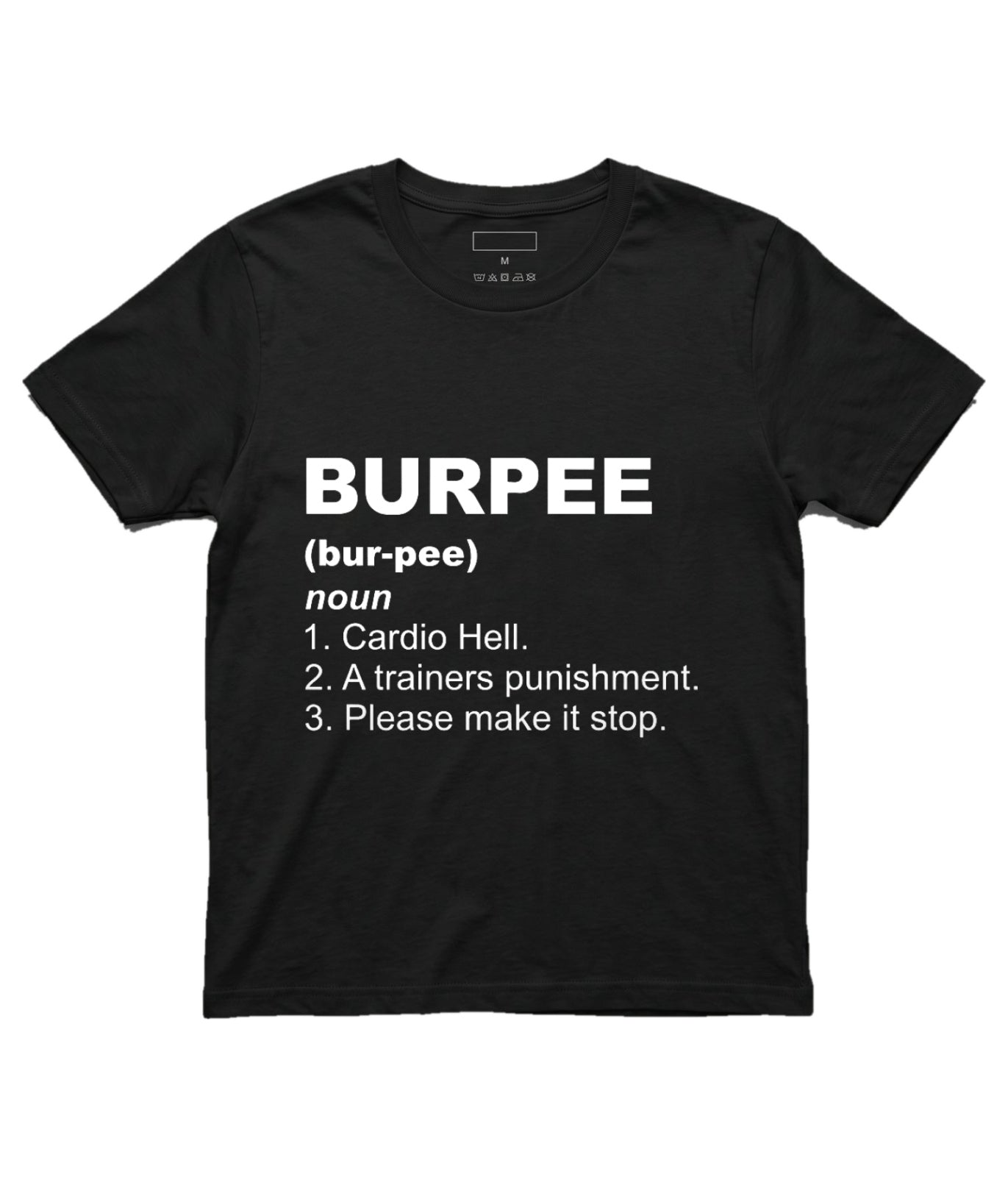 A black short-sleeve crewneck t-shirt with a white printed dictionary-style definition of 'BURPEE' on the front, displayed flat against a white background.
