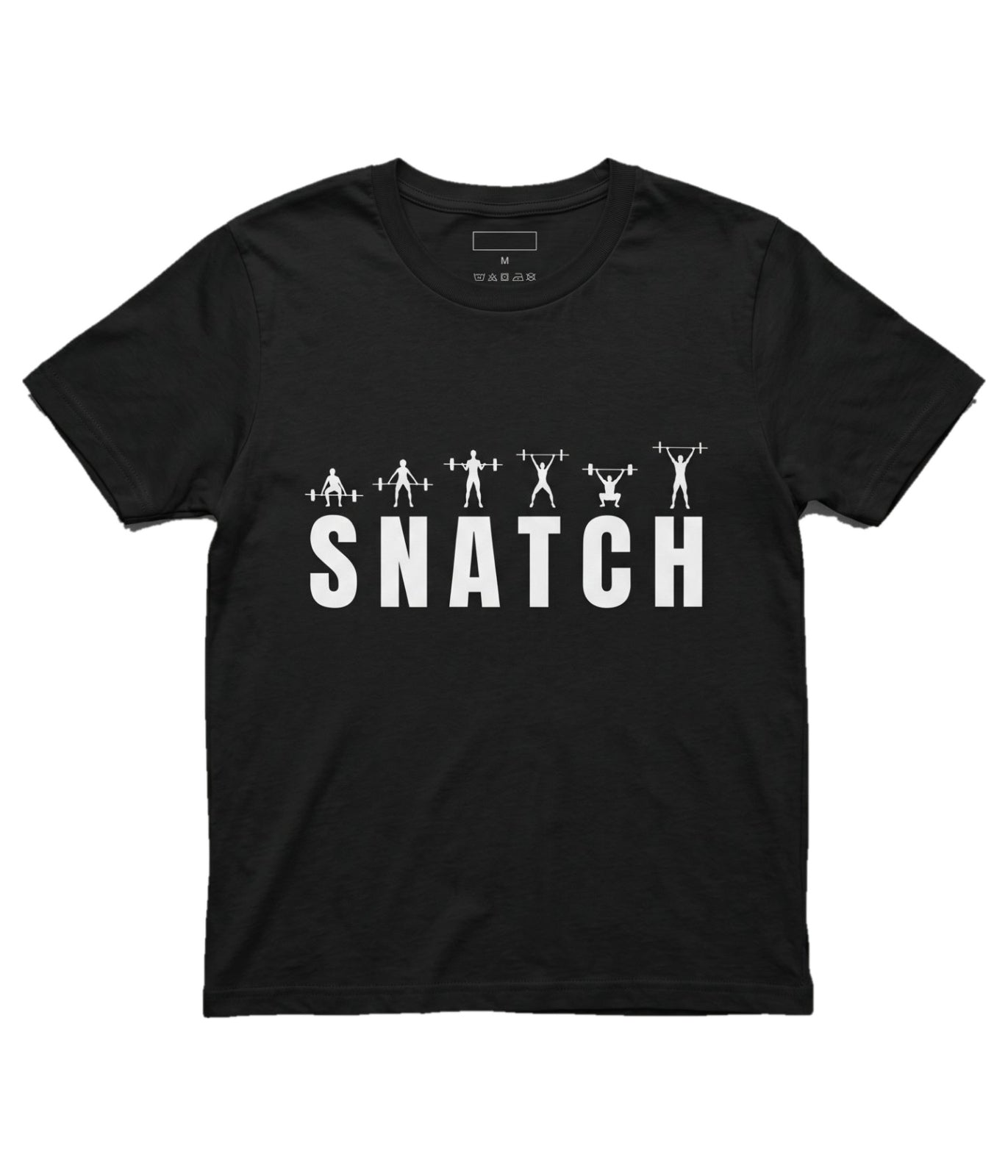 A black short-sleeve crewneck t-shirt with a white graphic print on the front. The graphic features five weightlifter silhouettes above the word 'SNATCH' in bold white capital letters.
