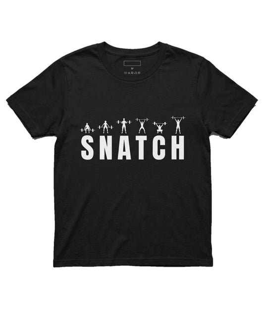 A black short-sleeve crewneck t-shirt with a white graphic print on the front. The graphic features five weightlifter silhouettes above the word 'SNATCH' in bold white capital letters.