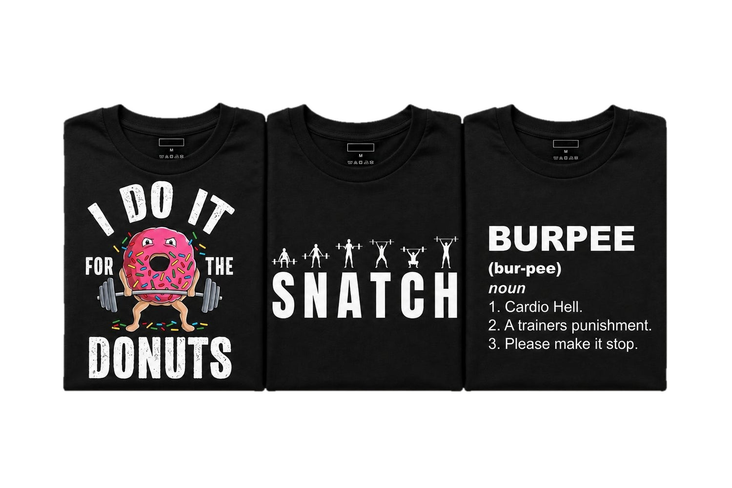 Three folded black graphic T-shirts displayed side by side on a white background. 